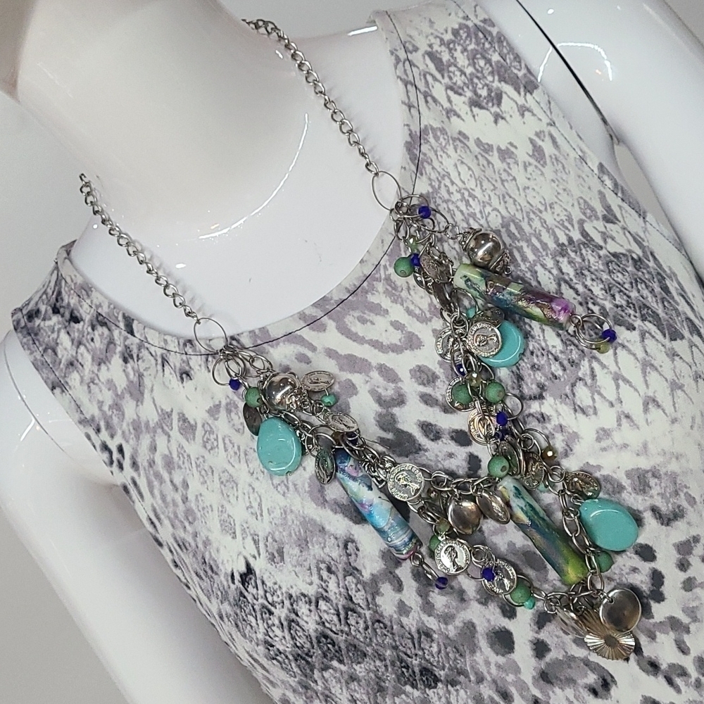 Whimsical Glass Bead & Coin Dangle Necklace